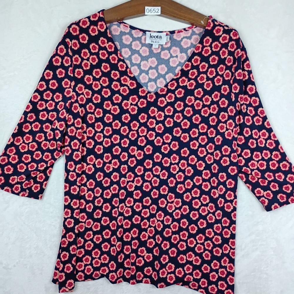 Leota Top Womens 2L Navy Pink Floral V-Neck 3/4 Sleeve Blouse Boho Spring 0652